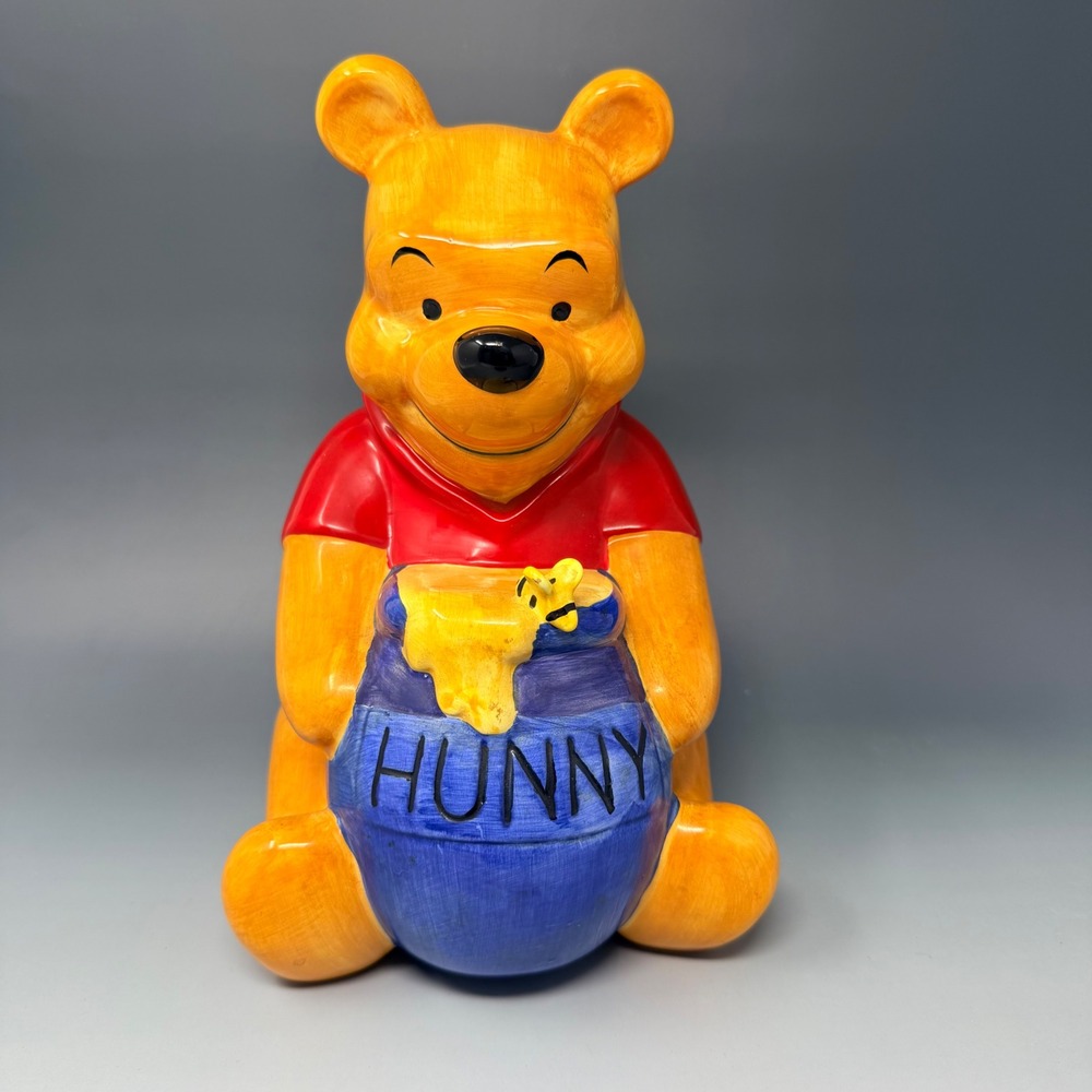 Disney Winnie the Pooh Hunny Pot Ceramic Coin Bank Vintage Yellow Red Blue